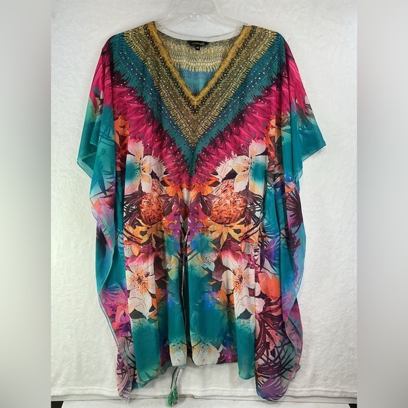 resonate Tops - Elegant Floral Women's Tunic in Teal and Pink A556